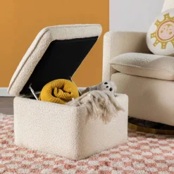 Ottomans-Babyletto Cali Boucle Storage Ottoman Ivory w/ Gold Base