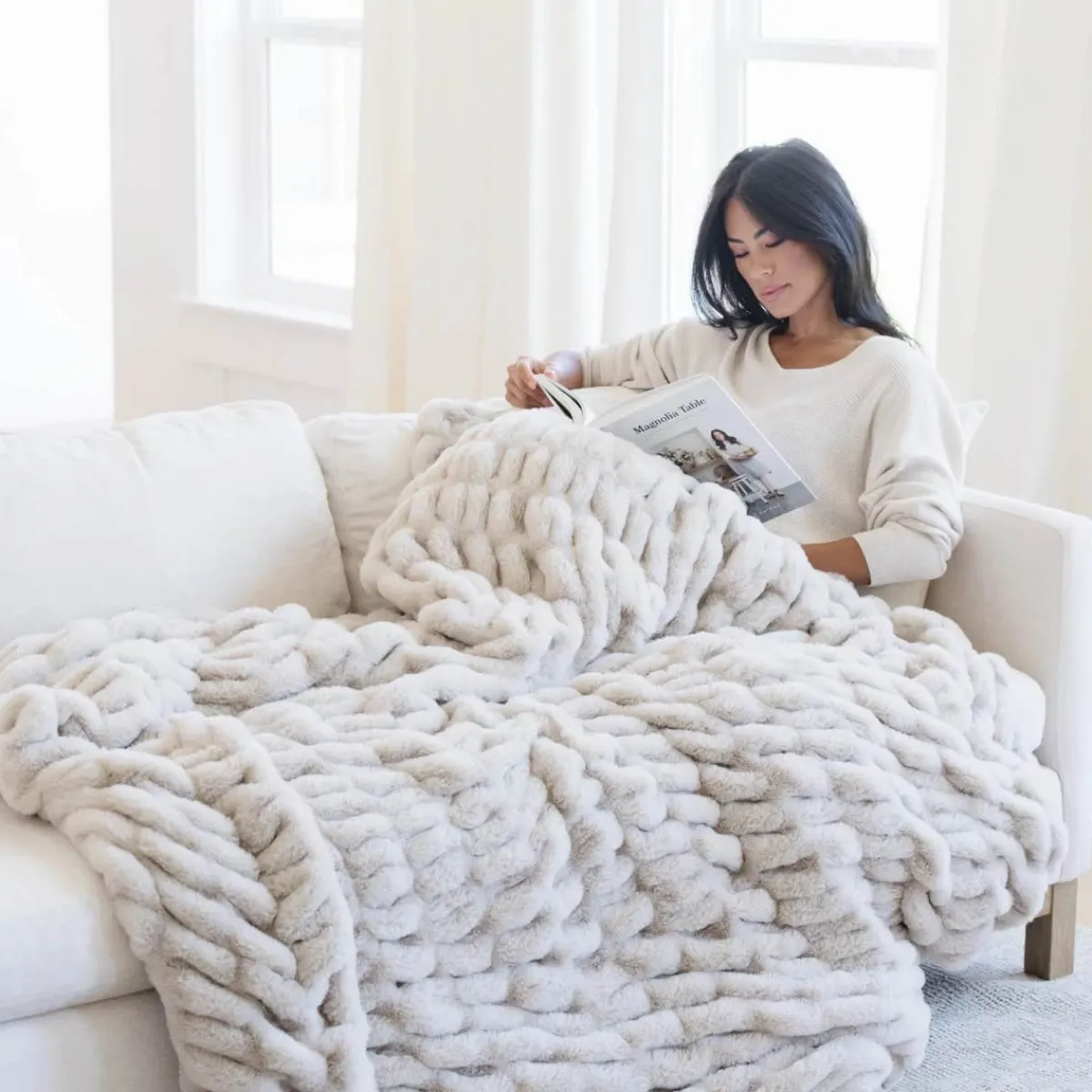 Blankets-Saranoni Double Ruched Faux Fur Throw Flax