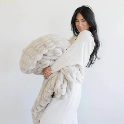 Blankets-Saranoni Double Ruched Faux Fur Throw Flax
