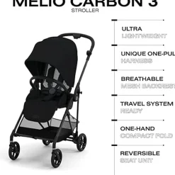 Travel Strollers-Cybex Melio Carbon 3 Ultra Lightweight Stroller Moon Black