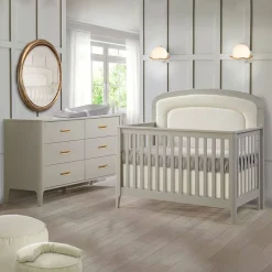 Convertible Cribs-Natart Palo 5-in-1 Crib with Beige Boucle Upholstered Panell