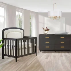 Convertible Cribs-Natart Palo 5-in-1 Crib with Beige Boucle Upholstered Panell