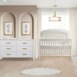Convertible Cribs-Natart Palo 5-in-1 Crib with Beige Boucle Upholstered Panell